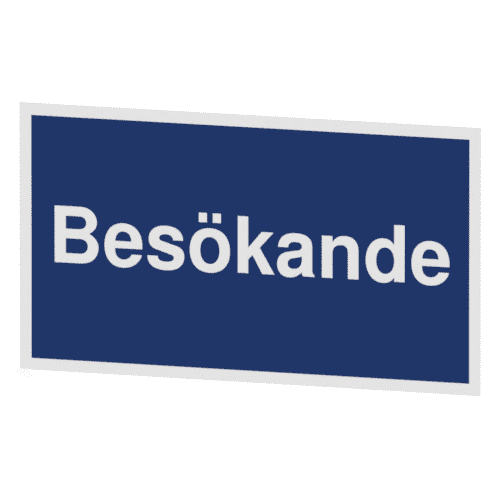 Besökande-skylten har storleken 400x225mm och tillverkas i materialet Aluminium 0,7mm. Denna standardskylt kan anpassas så att du kan skapa din egen version av skylten.