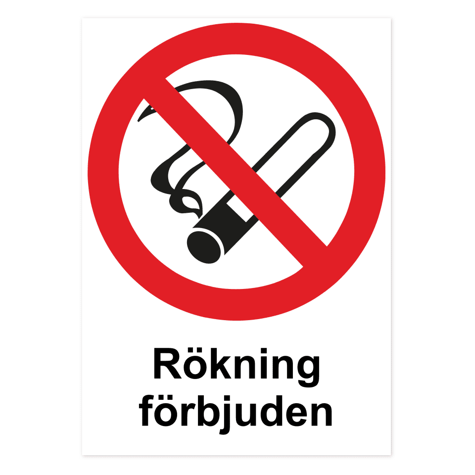 Rökning förbjuden-skylten har storleken 297x420mm och tillverkas i materialet Aluminium 2mm Plan. Denna standardskylt kan anpassas så att du kan skapa din egen version av skylten.