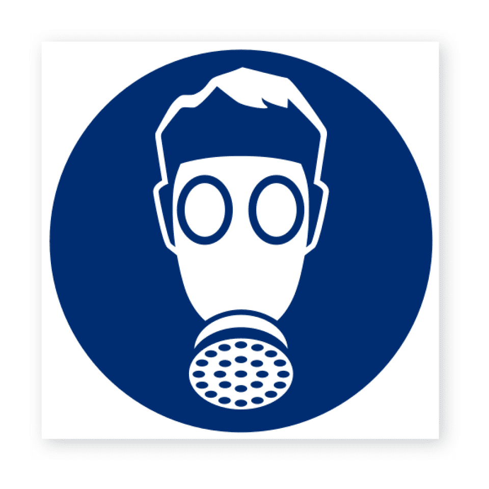 Andningsskydd måste användas-skylten har storleken 80x80mm och tillverkas i materialet Dekal. Denna standardskylt kan anpassas så att du kan skapa din egen version av skylten.