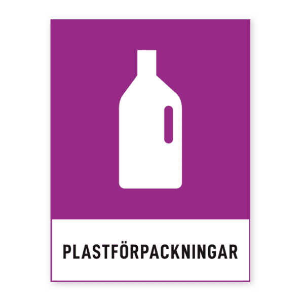 Plastförpackningar-skylten har storleken 105x138mm och tillverkas i materialet Dekal. Denna standardskylt kan anpassas så att du kan skapa din egen version av skylten.