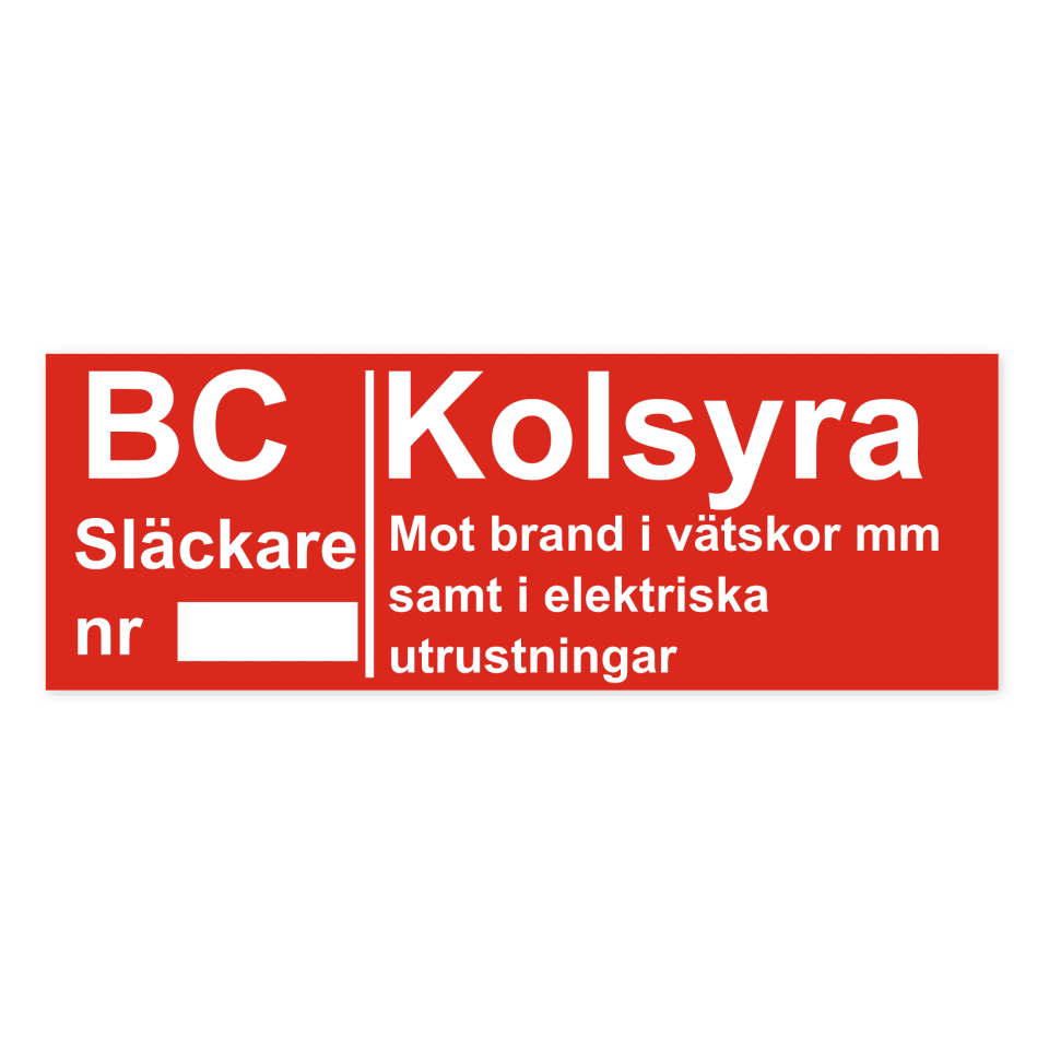 Brandsläckare - Kolsyra (BC): Mot brand i vätskor mm samt i elektriska utrustningar-skylten har storleken 297x105mm och tillverkas i materialet Dekal. Denna standardskylt kan anpassas så att du kan skapa din egen version av skylten.