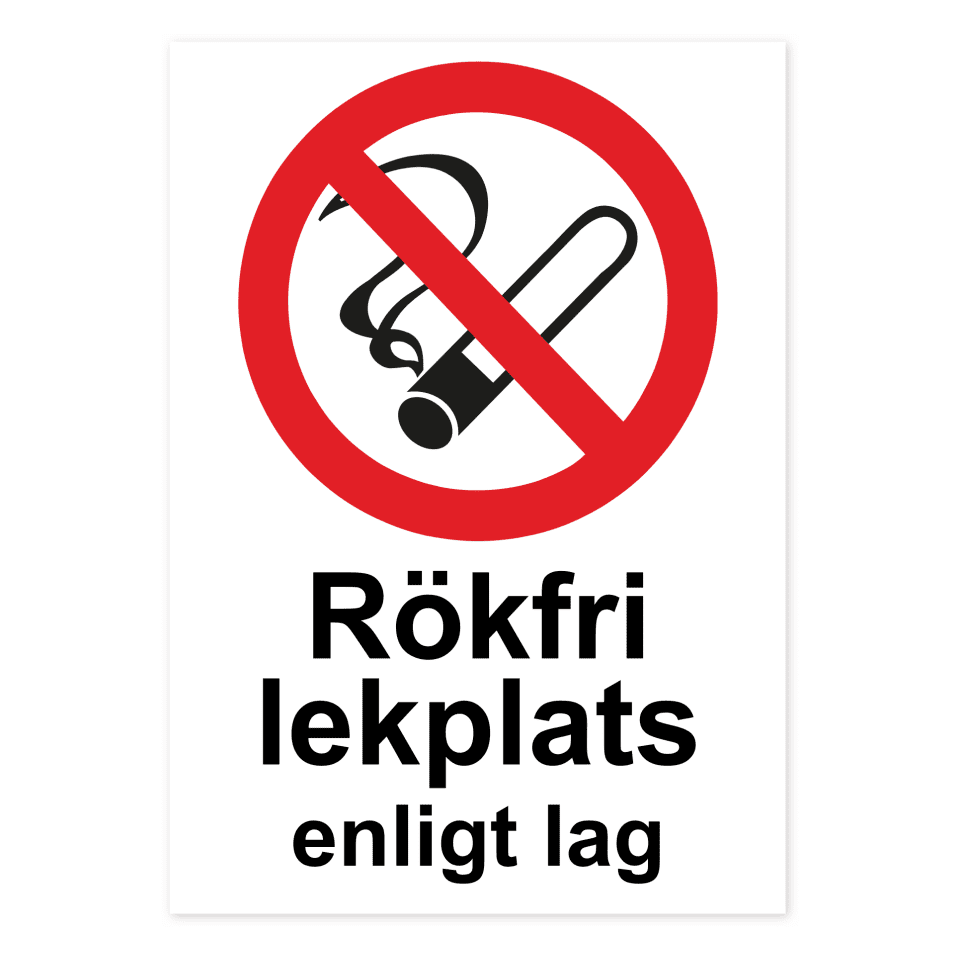 Rökfri lekplats enligt lag-skylten har storleken 210x297mm och tillverkas i materialet Aluminium 0.7mm. Denna standardskylt kan anpassas så att du kan skapa din egen version av skylten.