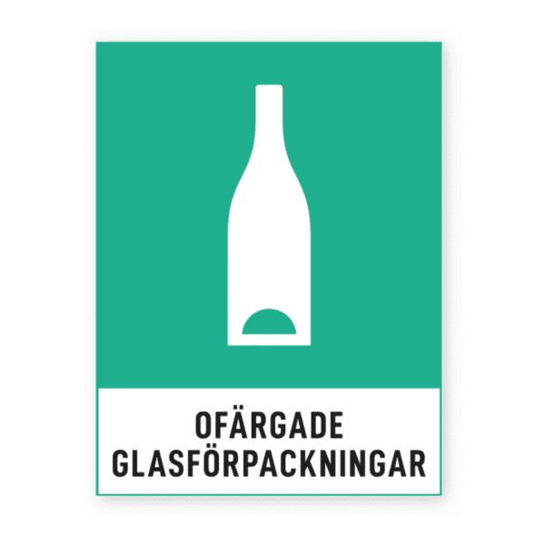Ofärgade glasförpackningar-skylten har storleken 74x97mm och tillverkas i materialet Dekal. Denna standardskylt kan anpassas så att du kan skapa din egen version av skylten.