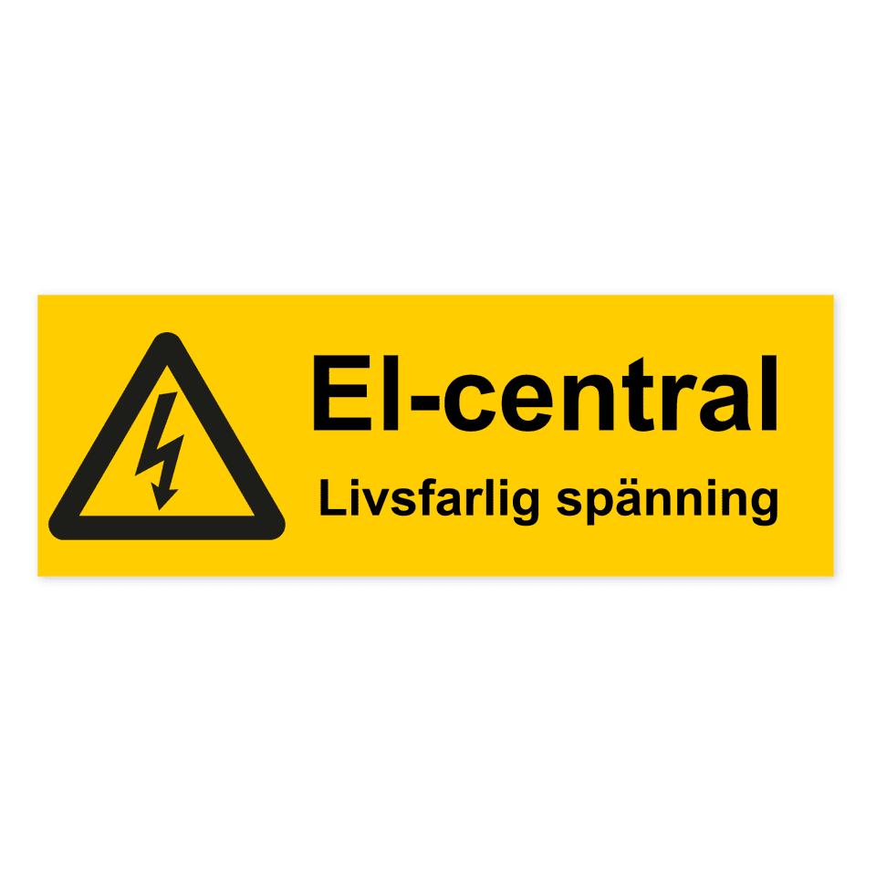El-central. Livsfarlig spänning-skylten har storleken 297x105mm och tillverkas i materialet Aluminium 0.7mm. Denna standardskylt kan anpassas så att du kan skapa din egen version av skylten.