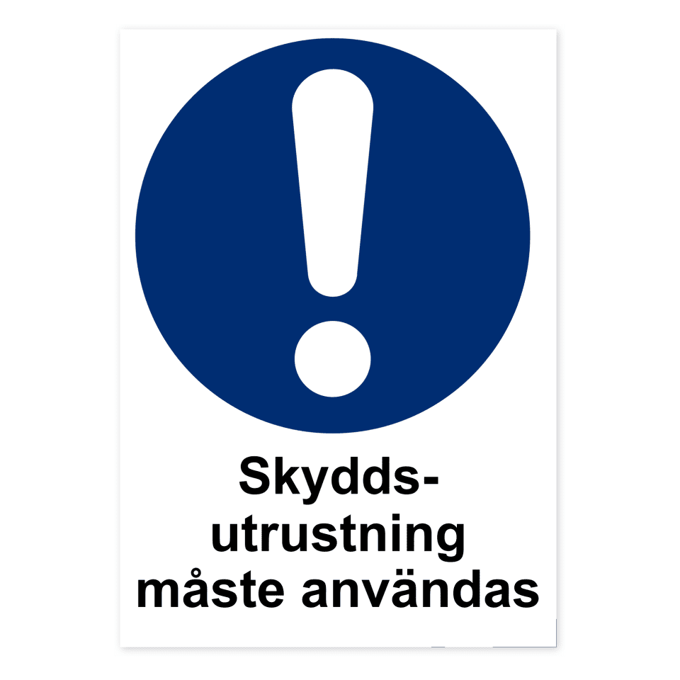 Skyddsutrustning måste användas.-skylten har storleken 210x297mm och tillverkas i materialet Aluminium 0.7mm. Denna standardskylt kan anpassas så att du kan skapa din egen version av skylten.