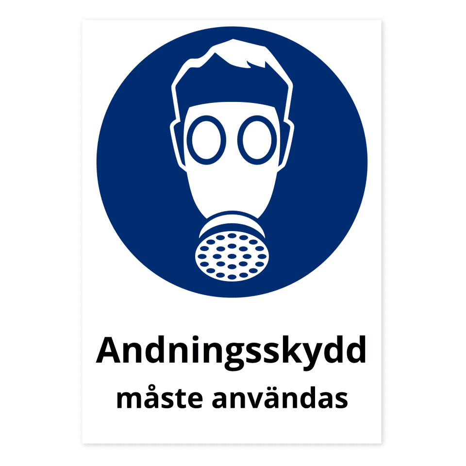 Andningsskydd måste användas-skylten har storleken 210x297mm och tillverkas i materialet Aluminium 0.7mm. Denna standardskylt kan anpassas så att du kan skapa din egen version av skylten.